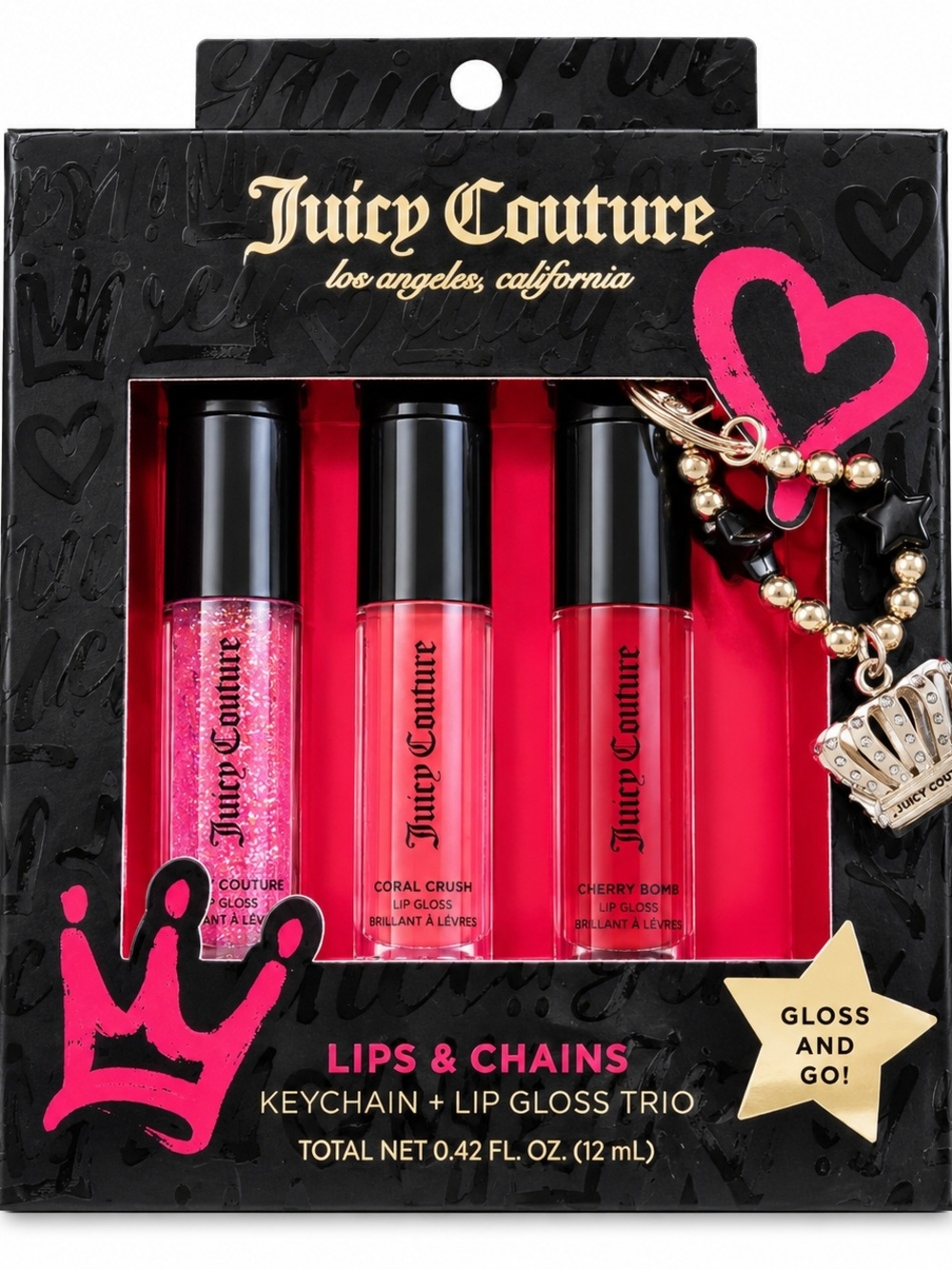 NWT Juicy Couture Lips & Chains Lip Gloss Trio Set With Keychain
